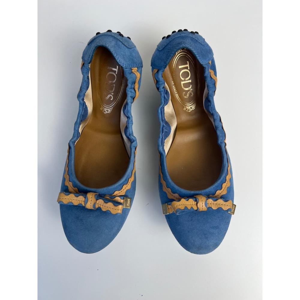 TOD'S Blue Suede Ballet Flats Bow Gommino Driving Shoes Italy EU 36.5 US 6